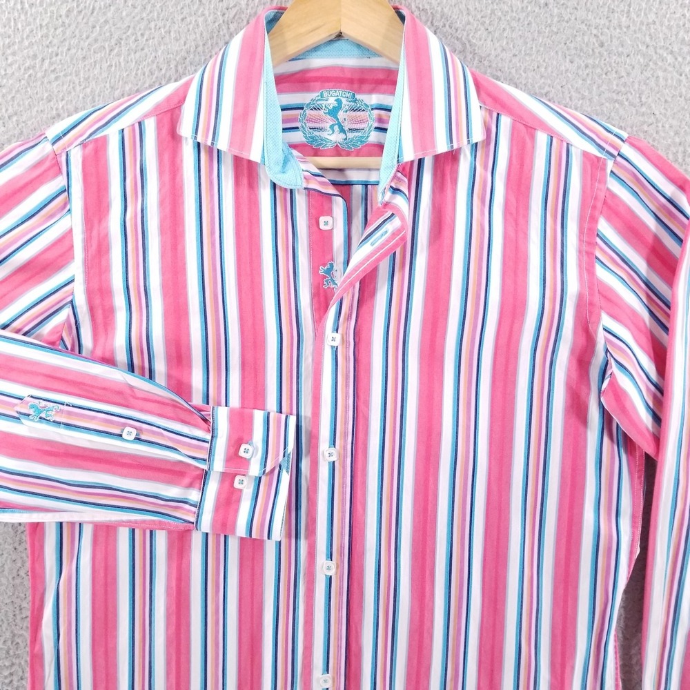 Bugatchi Shirt Mens Small Pink Blue White Striped Shaped Fit Casual Embroidered